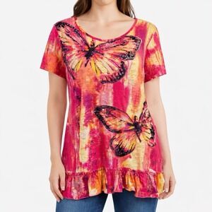 Hannah Butterfly Sequin Top L Pink Tie Dye Ruffle Hem Short Sleeve